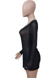 Black See throgh Long Sleeve O-Neck Skinny Dress with Thumb Hole