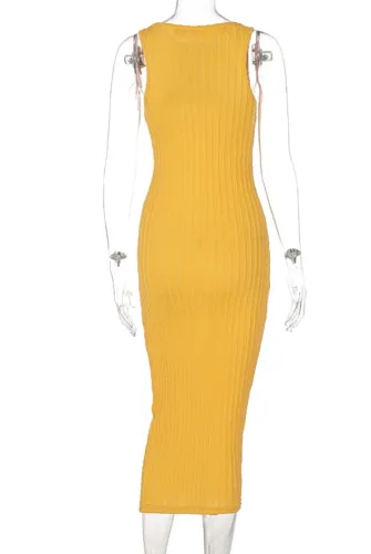Yellow Kintted Sleeveless Fitted Long Dress