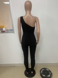 Black One Shoulder Sleeveless Lace Up Fitted Jumpsuit