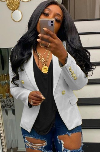 Gold Button White Long Sleeve TurnDown Collar Blazer