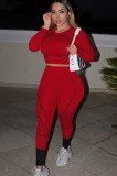 Red Long Sleeves O-Neck Crop Top and Pants Two Piece Set