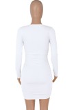 White U-Neck Scrunch Long Sleeve Slim Fit Dress