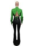 Green Short Long Sleeves Blouse and Black Pants Two Piece Set
