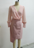 Pink Chiffon Wrap V-Neck Irregular Midi Dress