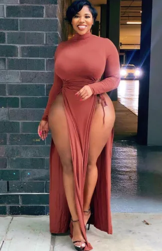 Plus Size High Neck Keyhole Long Sleeve Hight Slit Maxi Dress