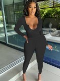 Black U-Neck Long Sleeves Slinky Top and Matching Pant Two Piece Set