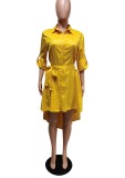 Yellow High Low Button Open Blouse Dress with Belt