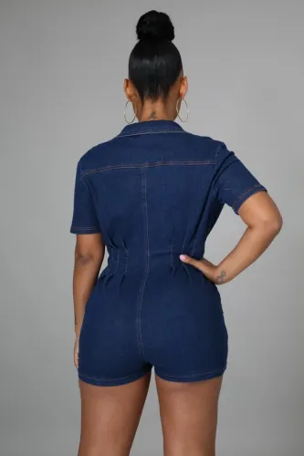 Dark Blue Short Sleeves Zipper Up Turndown Collar Denim Rompers