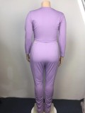 Plus Size Purple Ruched Long Sleeves Shirt and Stacked Pants Two Piece Set