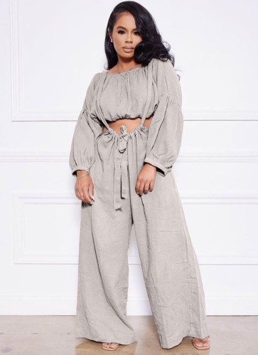 Grey Long Sleeves O-Neck Crop Top and Suspender Wide Pants Two Piece Set