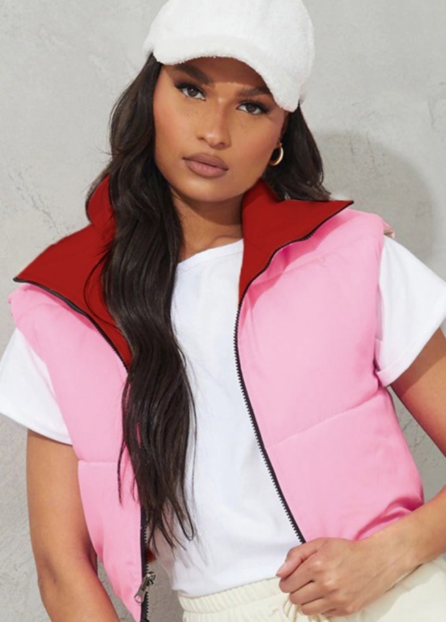 Red and Pink Sleeveless Zipper Open Reversible Bread Jacket