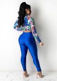 Floral Knotted Long Sleeve Crop Top and Blue Pant Two Piece Set