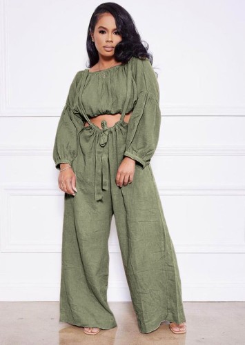 Green Long Sleeves O-Neck Crop Top and Suspender Wide Pants Two Piece Set