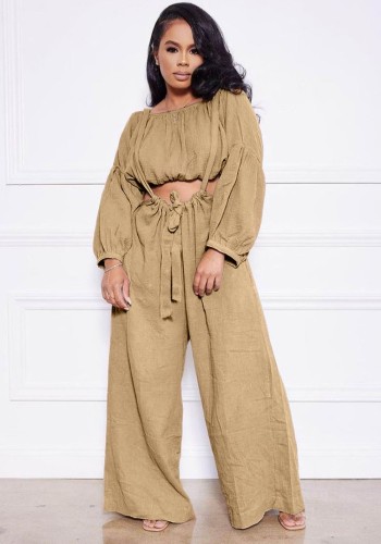 Khaki Long Sleeves O-Neck Crop Top and Suspender Wide Pants Two Piece Set