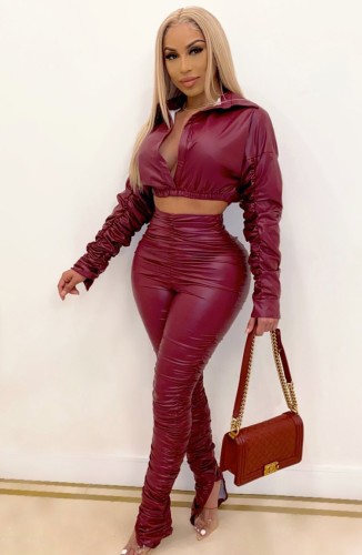 Burgunry Leather Ruched Turndown Collar Crop Top and High Waist Pants Two Piece Set
