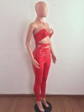 Red  Leather Cut Out Halter Slim Fit Trendy Jumpsuit
