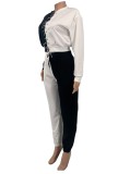 Contrast Color Lace Up Long Sleeves Top and Drawstring Pants Two Piece Set