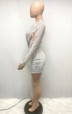 White Sequin Cut out Long Sleeve Mini Dress