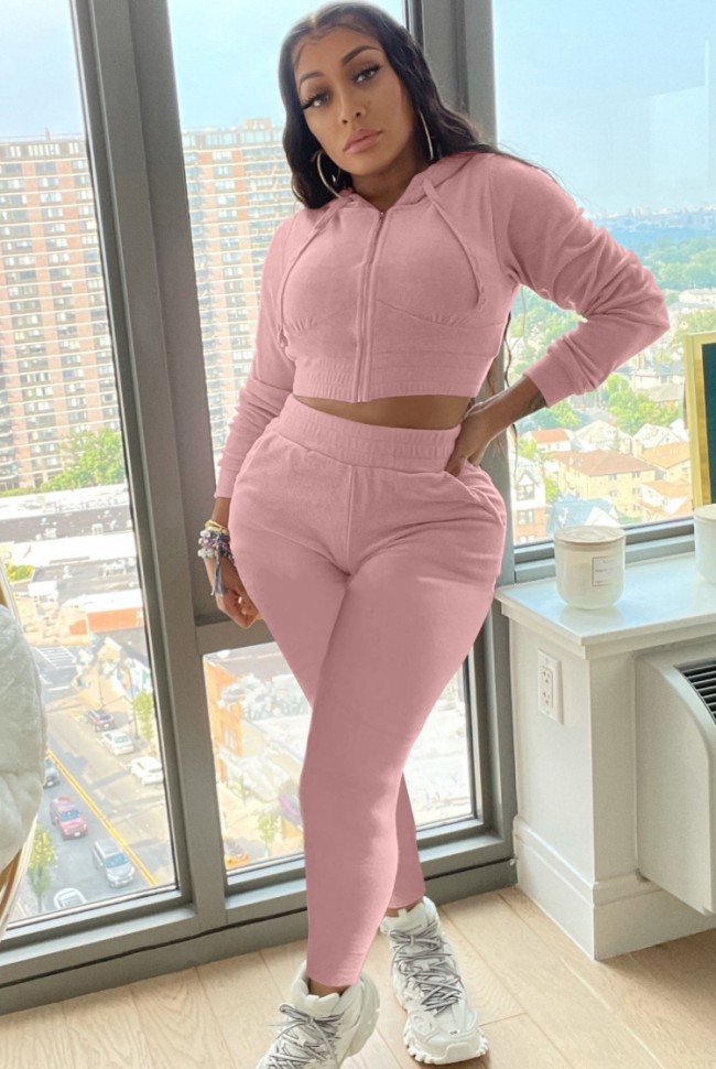 Pink Long Sleeve Drawstring Hoody Crop Top and Pants Two Piece Set