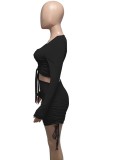 Black Cut Out Tie Long Sleeve Crop Top and Mini Drawstring dress Two Piece Set