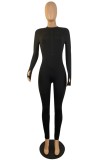 Black Zipped Up Long Sleeve with Half Gloves Bodycon Jumpsuit