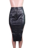 Black Leather High Waist Asymmetric Skinny Skirt