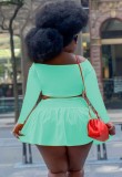 Plus Size Green Long Sleeve Crop Top and Pleated Skirt Two Piece Set