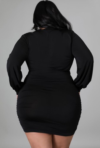 Plus Size Black V-Neck Long Sleeve Ruffled Sheath Dress