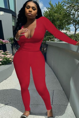 Red U-Neck Long Sleeves Slinky Top and Matching Pant Two Piece Set