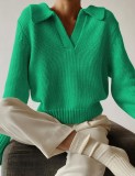 Green Turndown Collar Drop Shoulder V-Neck Sweater Top