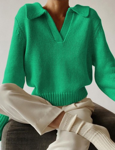 Green Turndown Collar Drop Shoulder V-Neck Sweater Top