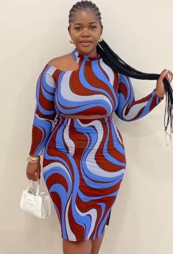 Plus Size Print Cut Out Long Sleeve Crop Top and Midi Skirt Two Piece Set