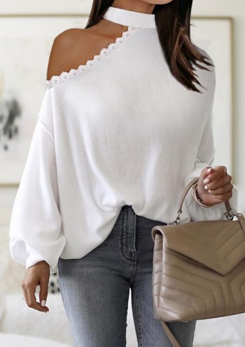 White Cut Out Lace Midi Neck Long Sleeve Shirt
