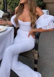 White Off Shoulder Puff Sleeve Crop Top and Pants Two Piece Set