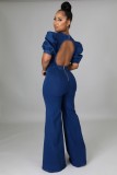 Dark Blue Backless O-Neck Puffed Short Sleeve Denim Jumpsuit