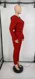 Red Zipper Open Long Sleeves Drawstring Hoody Crop Top and Pant Two Piece Set