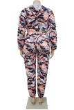 Plus Size Multi Camou Long Sleeves Drawstring Hoody Crop Top and Pants Two Piece Set