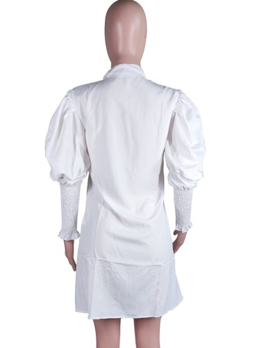 White Lantern Sleeve Button Up Blouse Dress