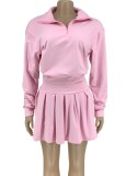 Pink Zipper Turndown Collar Long Sleeve Top and Mini Pleated Skirt Two Piece Set