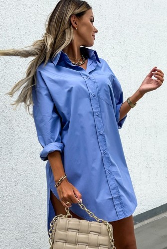 Blue High Low Button Up Long Sleeves Blouse Dress