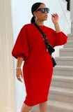 Red Puff Sleeve O-Neck Drop Shoulder Midi Dress