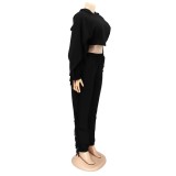 Black Long Sleeves Tassel Hoody Crop Top and Pants Two Piece Set