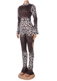 Leopard Print Flare Sleeve Hollow Out Bodycon Jumpsuit