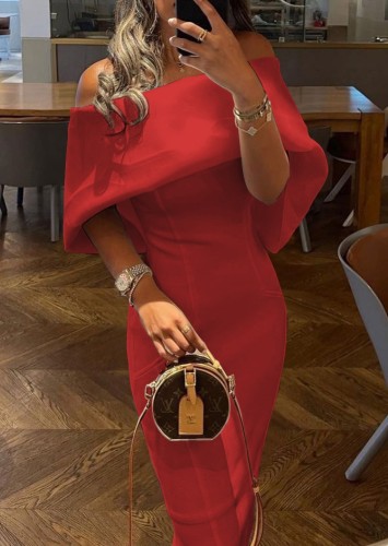 Trendy Red Off Shoulder Cape Sheath Long Dress