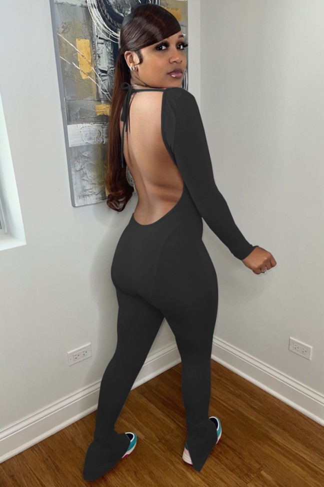 Black Backless Long Sleeve Square Neck Slim Fit Jumpsuit