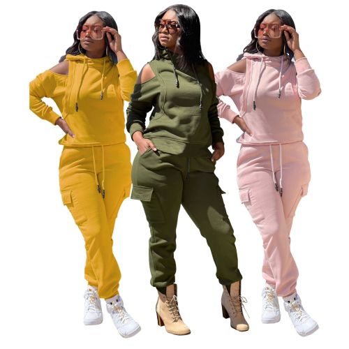 Casual Yellow Cold Shoulder Sweatsuits with Pockets