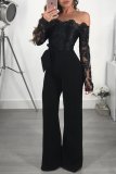 Formal Black Contrast Lace Applique Deep V Jumpsuit