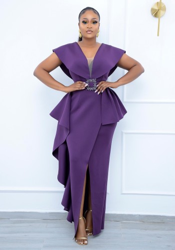 Sexy Purple Plus Size Maxi Dress with Belt