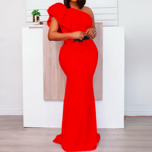 Red One Shoulder Ruffle Evening Dress