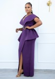 Sexy Purple Plus Size Maxi Dress with Belt